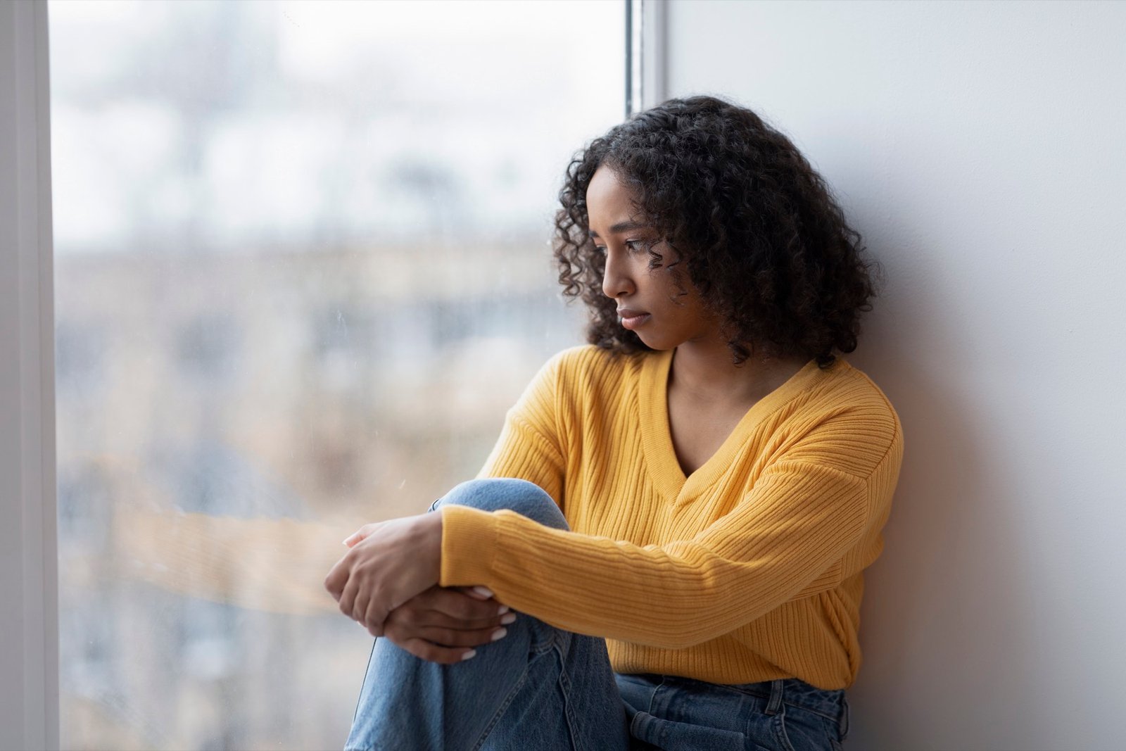 A woman sitting thoughtfully by a window